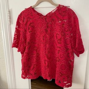 Nanette Lapore Bright Pink Lace Short Sleeved Tie-Back Top Blouse Sz. Large